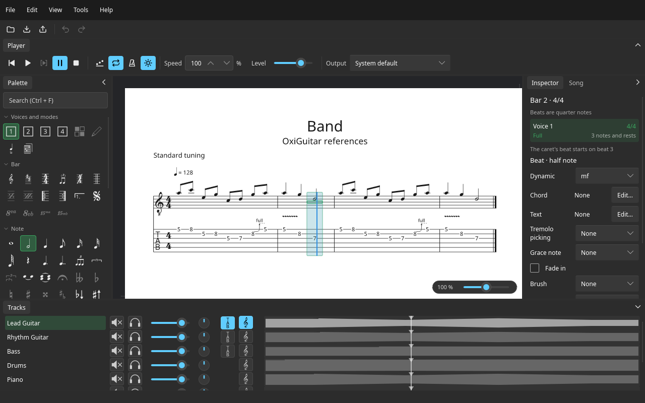 The OxiGuitar window, paused while playing a score in the Page layout